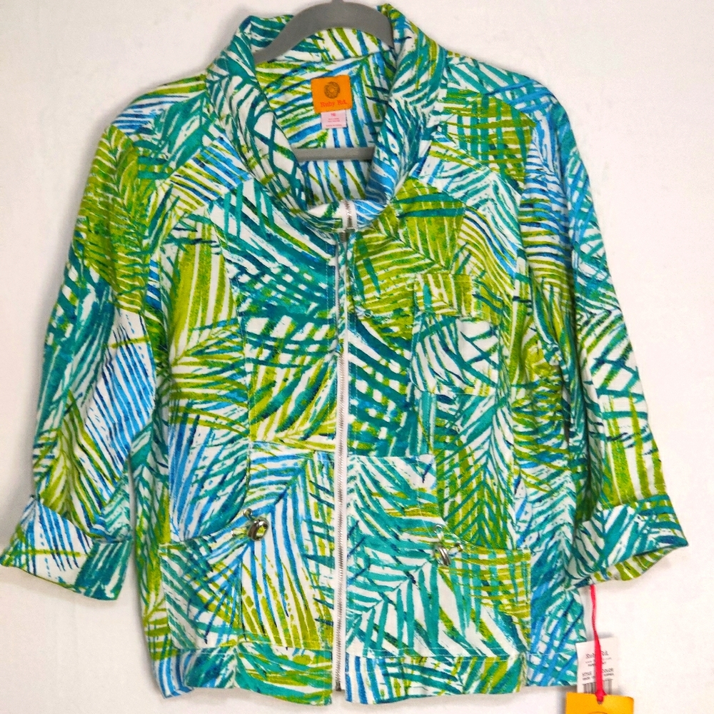 Ruby Rd. Linen Cropped Palm Leaf Printed Jacket